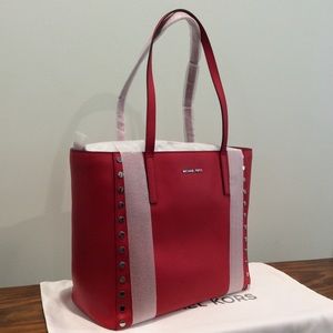 NWT Michael Kors Rivington Silver Studded Large Red Tote Bag